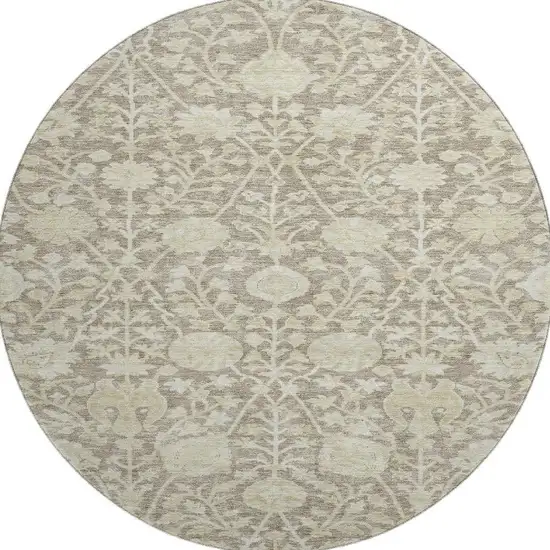 8' Coffee And Beige Floral Washable Round Rug With UV Protection Photo 3