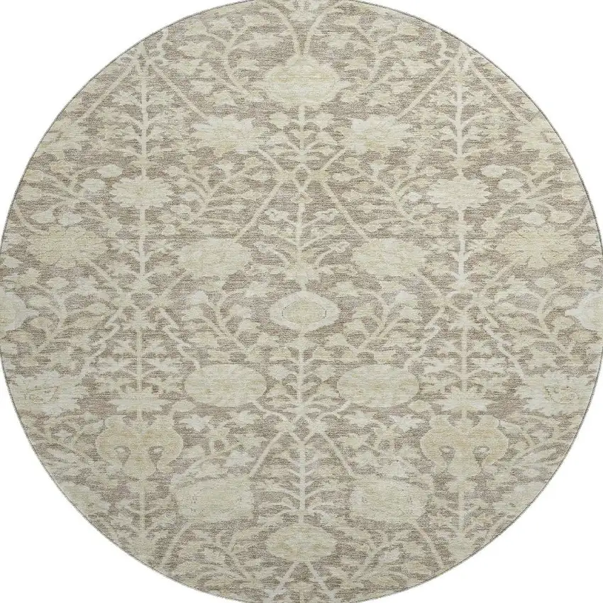 8' Coffee And Beige Floral Washable Round Rug With UV Protection Photo 3
