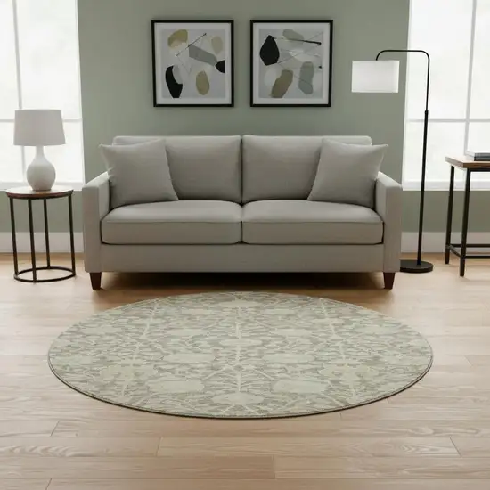 8' Coffee And Beige Floral Washable Round Rug With UV Protection Photo 2