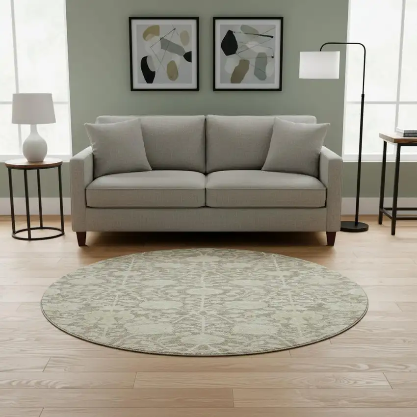 8' Coffee And Beige Floral Washable Round Rug With UV Protection Photo 2