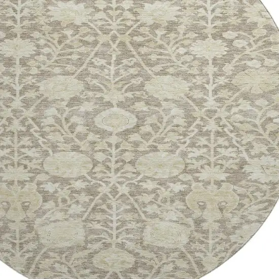 8' Coffee And Beige Floral Washable Round Rug With UV Protection Photo 2
