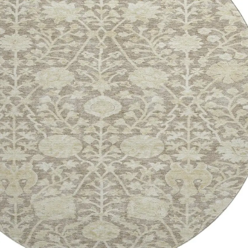 8' Coffee And Beige Floral Washable Round Rug With UV Protection Photo 2