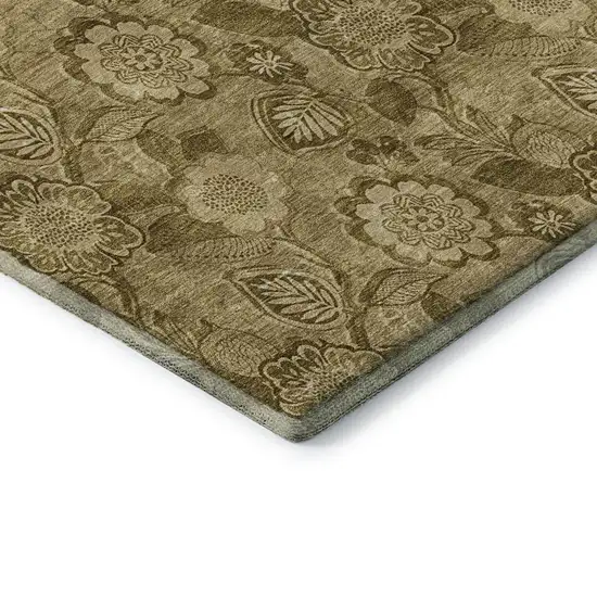 8' Coffee And Beige Floral Washable Round Rug With UV Protection Photo 7