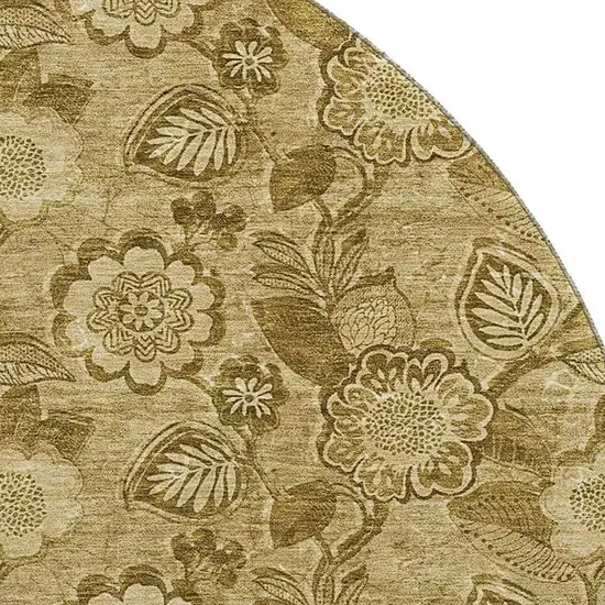 8' Coffee And Beige Floral Washable Round Rug With UV Protection Photo 3