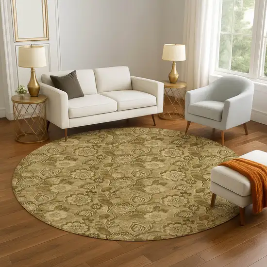 8' Coffee And Beige Floral Washable Round Rug With UV Protection Photo 5