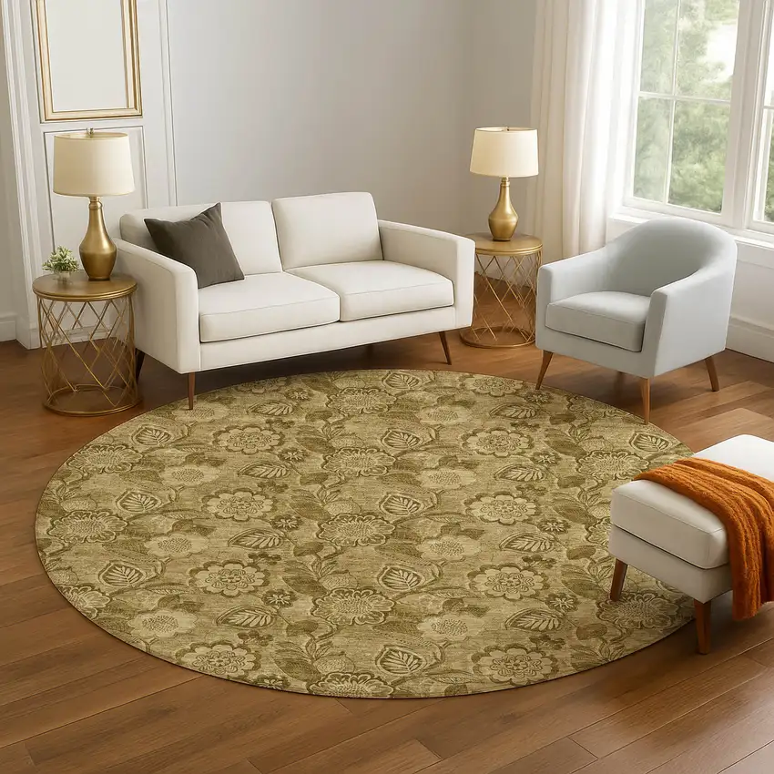 8' Coffee And Beige Floral Washable Round Rug With UV Protection Photo 5