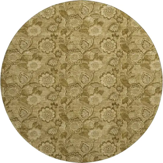 8' Coffee And Beige Floral Washable Round Rug With UV Protection Photo 1