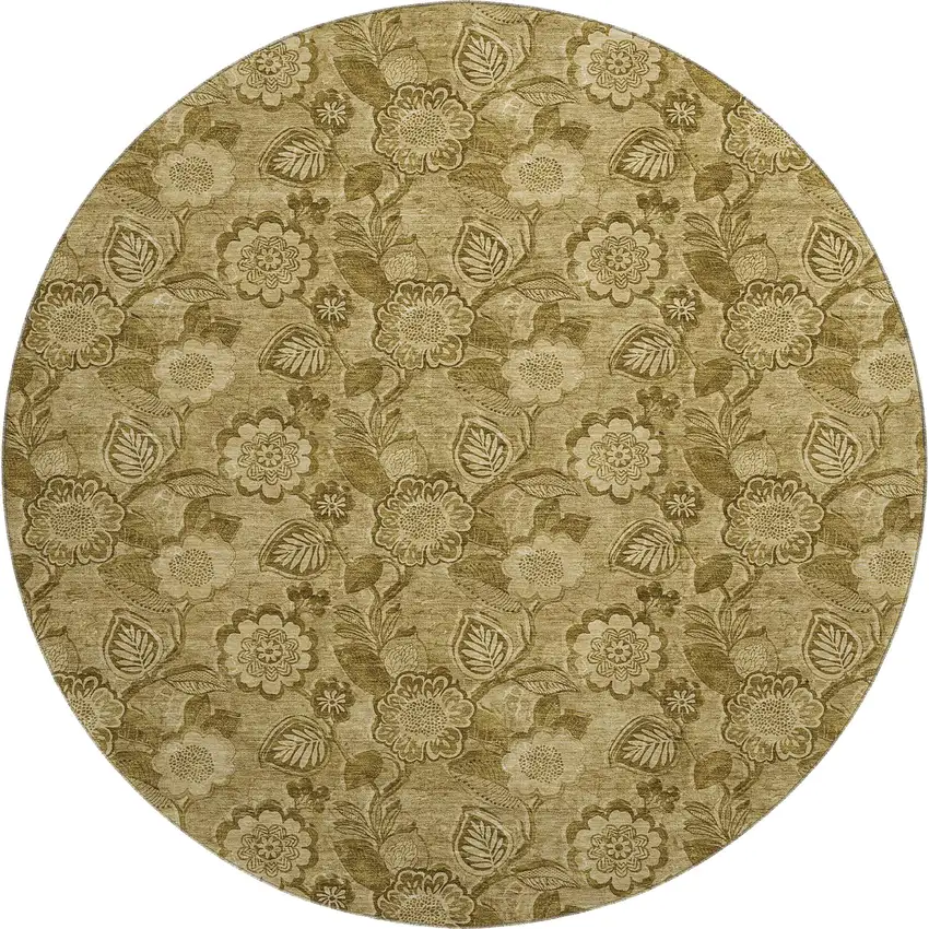 8' Coffee And Beige Floral Washable Round Rug With UV Protection Photo 1