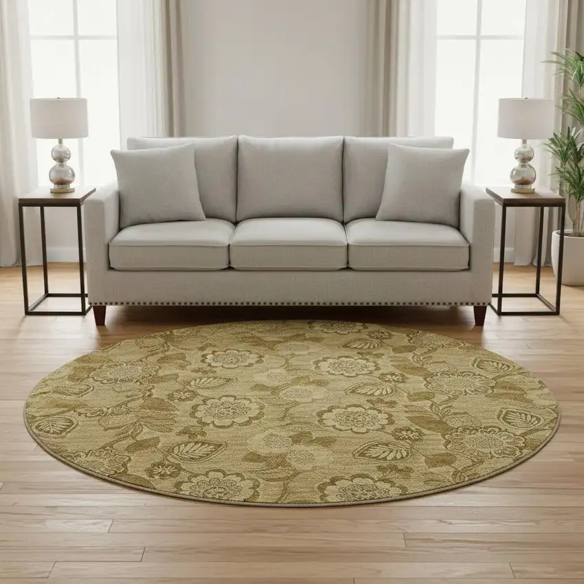 8' Coffee And Beige Floral Washable Round Rug With UV Protection Photo 2
