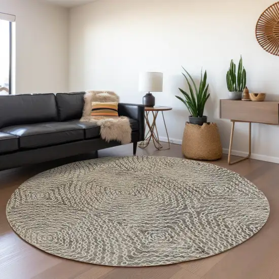 8' Coffee And Beige Geometric Washable Round Rug With UV Protection Photo 4