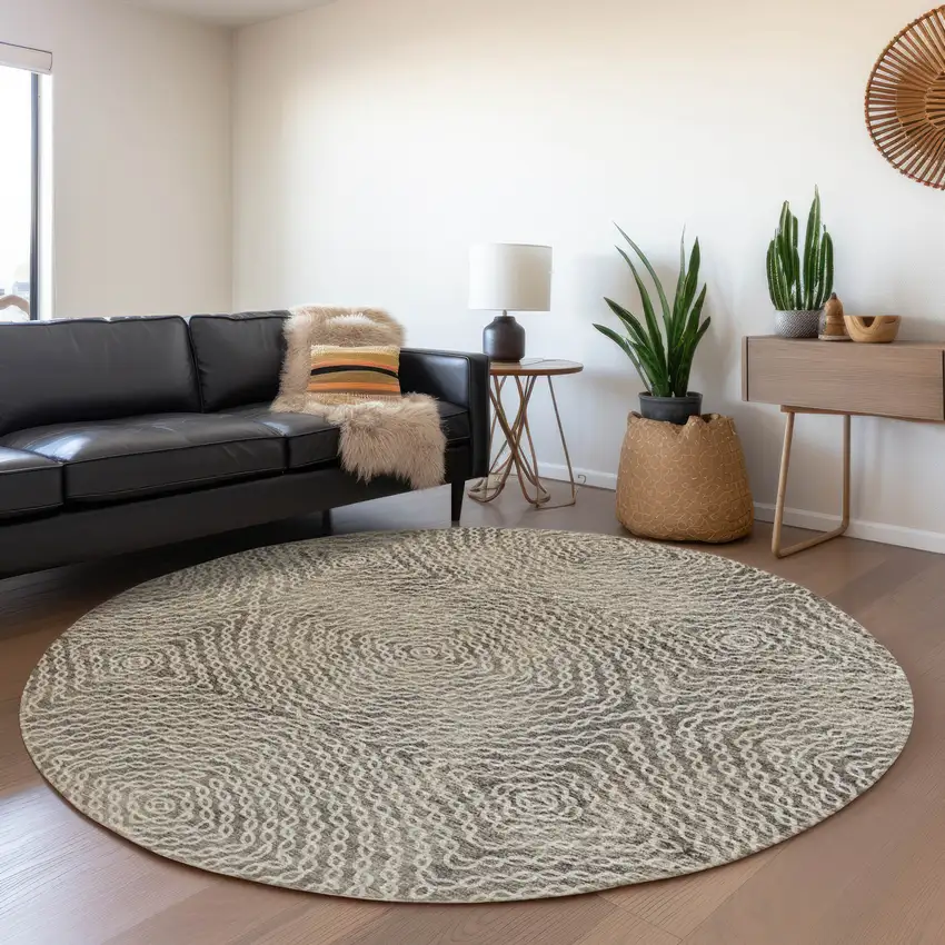 8' Coffee And Beige Geometric Washable Round Rug With UV Protection Photo 4