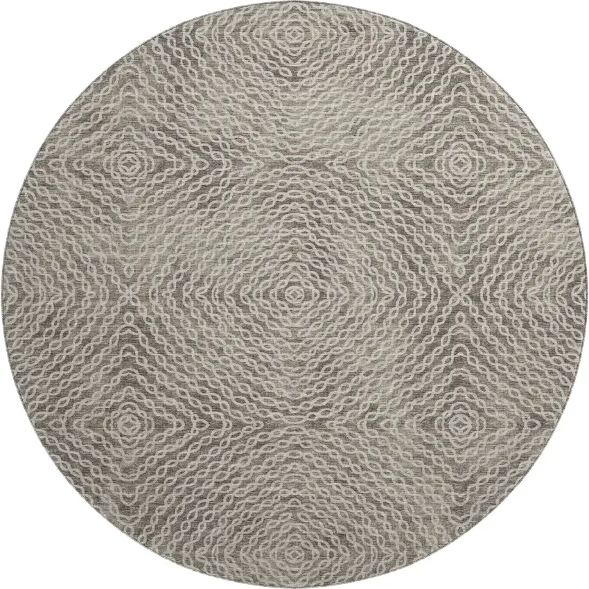 8' Coffee And Beige Geometric Washable Round Rug With UV Protection Photo 2