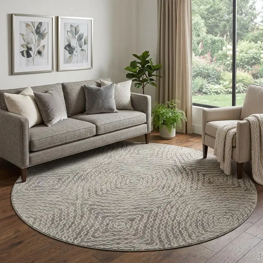 8' Coffee And Beige Geometric Washable Round Rug With UV Protection Photo 1