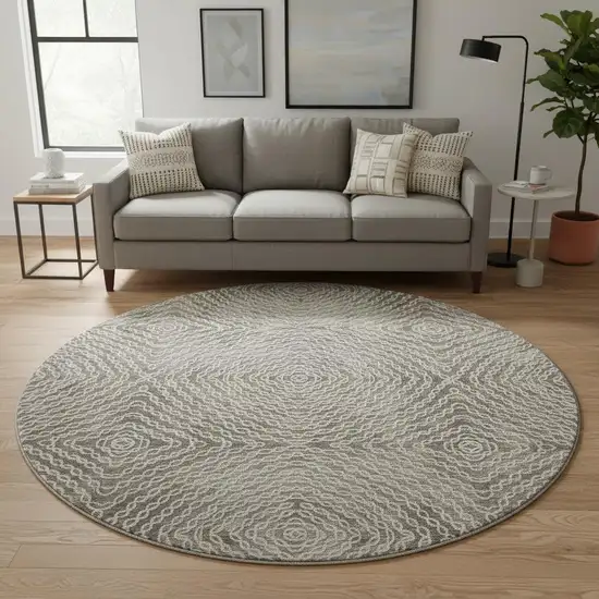 8' Coffee And Beige Geometric Washable Round Rug With UV Protection Photo 1