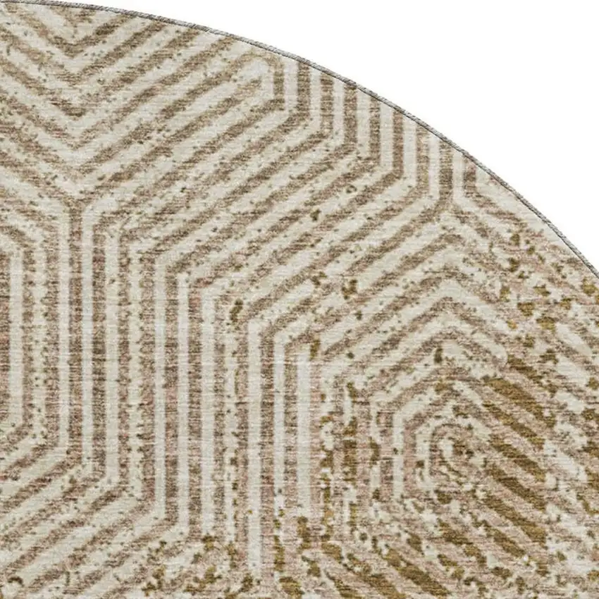 8' Coffee And Beige Geometric Washable Round Rug With UV Protection Photo 3