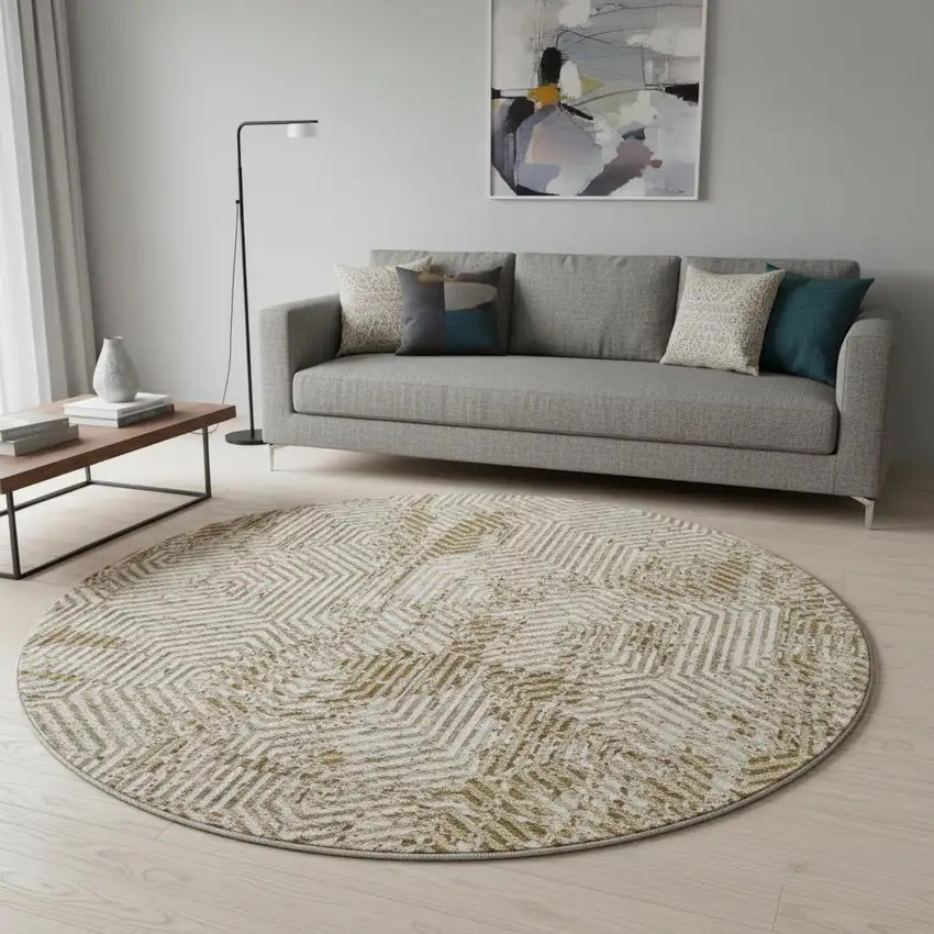8' Coffee And Beige Geometric Washable Round Rug With UV Protection Photo 2