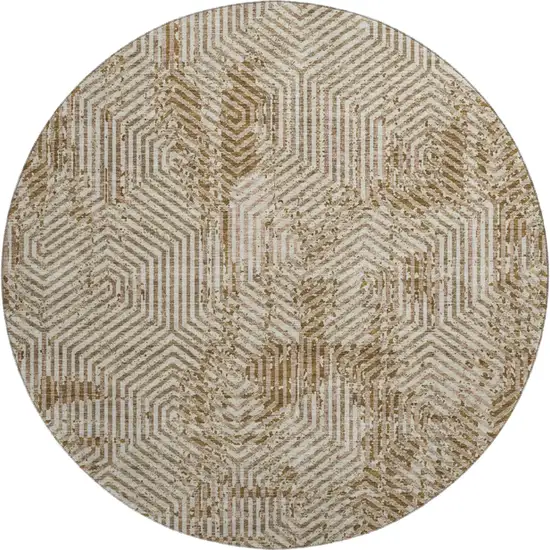 8' Coffee And Beige Geometric Washable Round Rug With UV Protection Photo 1