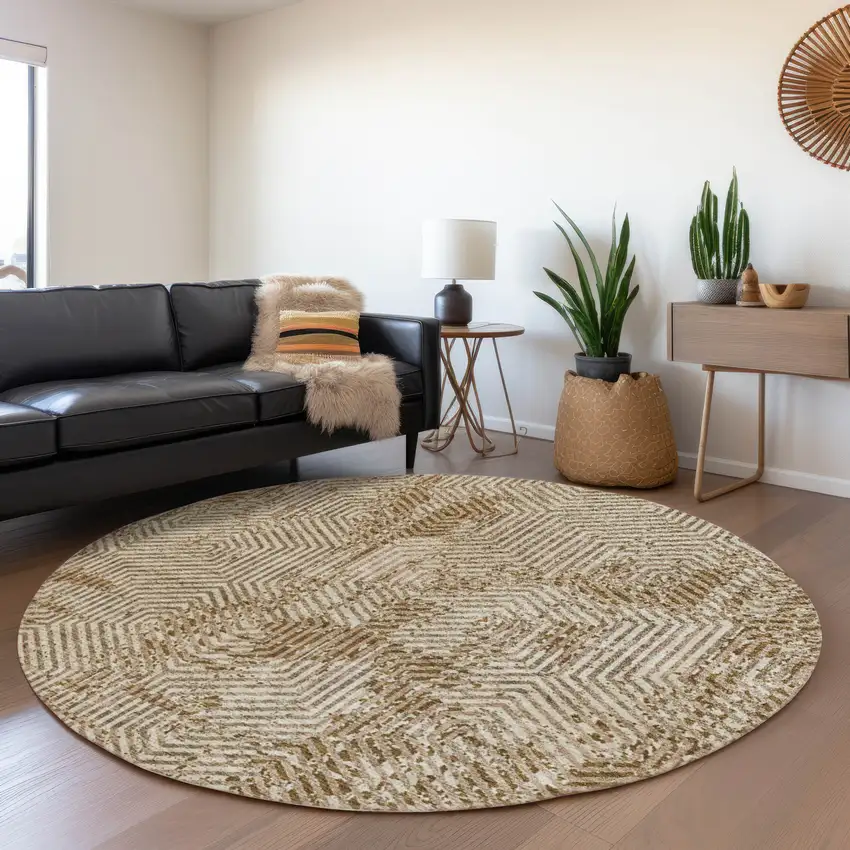 8' Coffee And Beige Geometric Washable Round Rug With UV Protection Photo 5