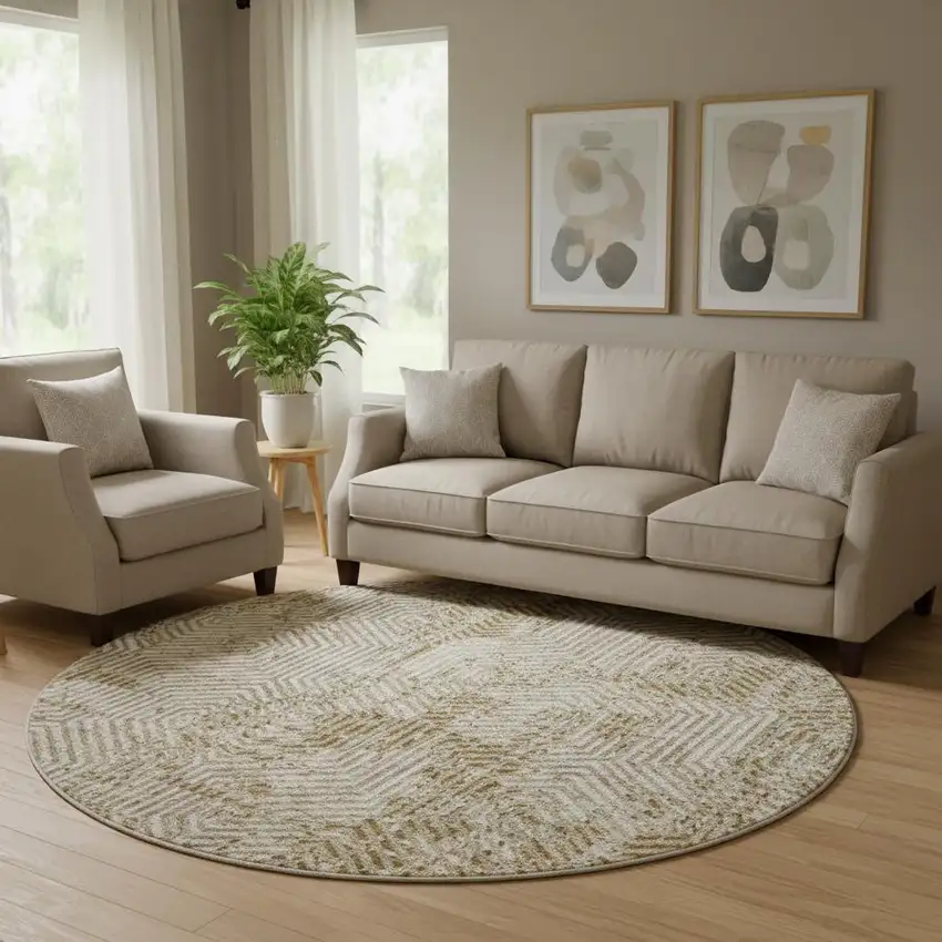 8' Coffee And Beige Geometric Washable Round Rug With UV Protection Photo 1