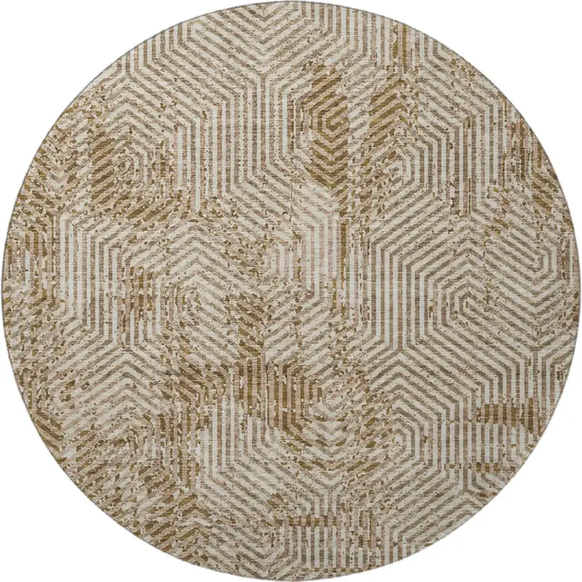 8' Coffee And Beige Geometric Washable Round Rug With UV Protection Photo 4