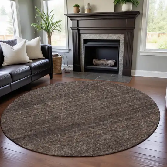 8' Coffee And Beige Geometric Washable Round Rug With UV Protection Photo 5