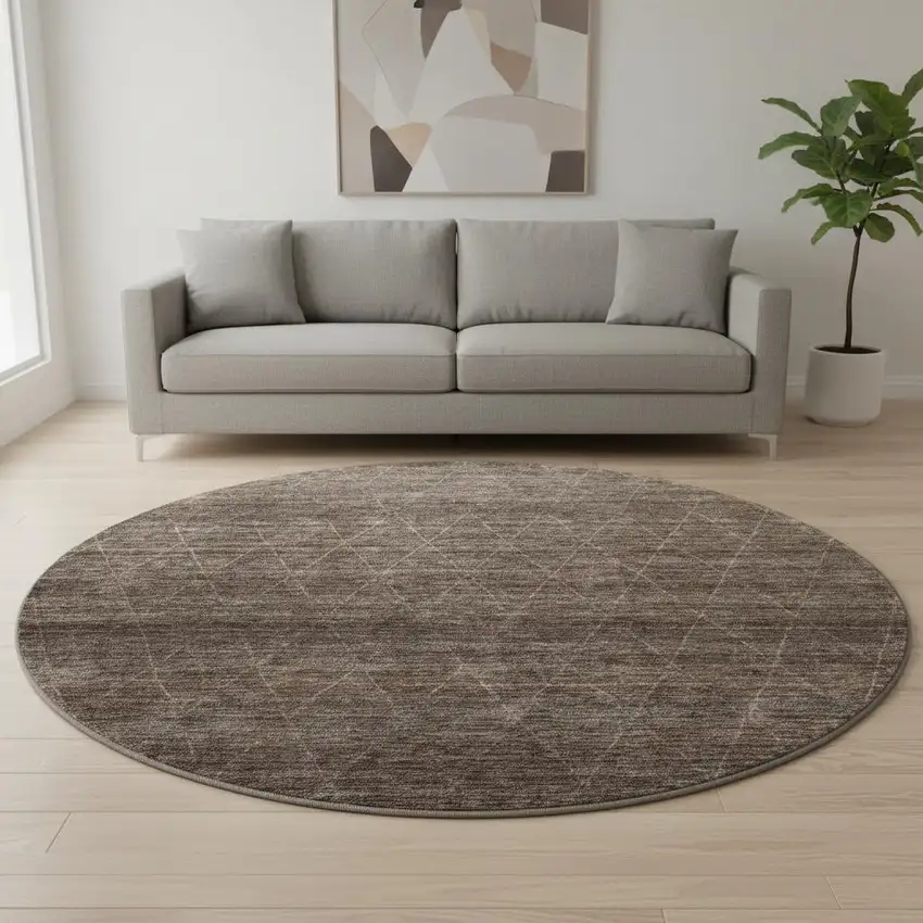 8' Coffee And Beige Geometric Washable Round Rug With UV Protection Photo 2