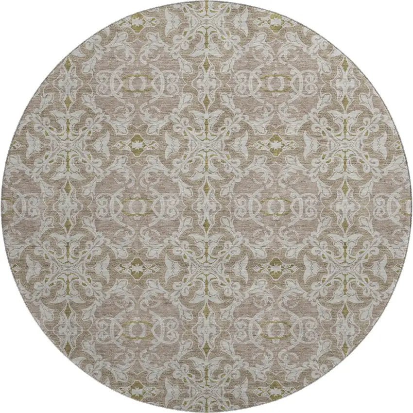 8' Coffee And Beige Medallion Washable Round Rug With UV Protection Photo 1