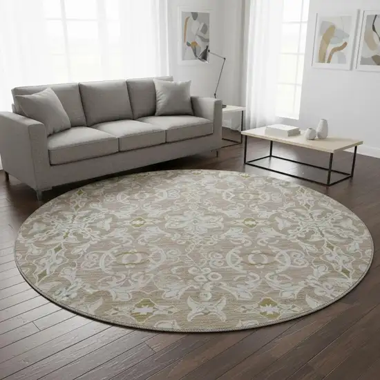 8' Coffee And Beige Medallion Washable Round Rug With UV Protection Photo 2