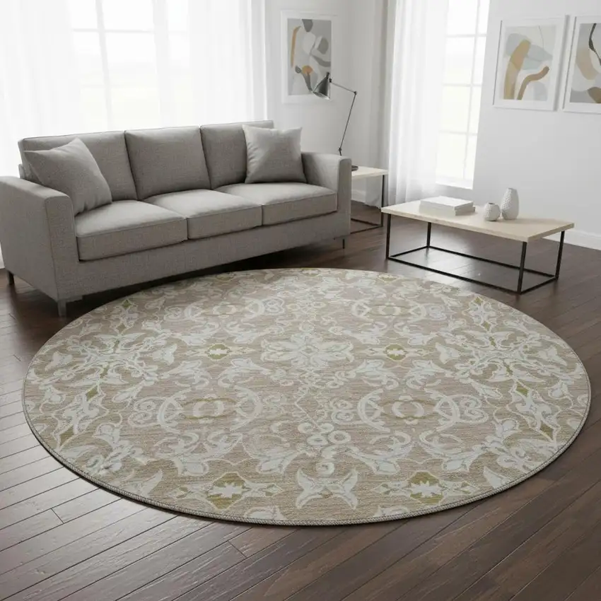8' Coffee And Beige Medallion Washable Round Rug With UV Protection Photo 2