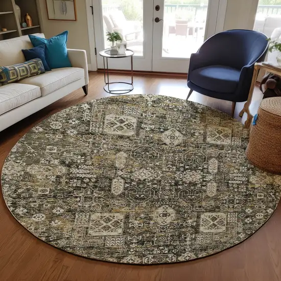 8' Coffee And Beige Round Oriental Washable Indoor Outdoor Area Rug Photo 8