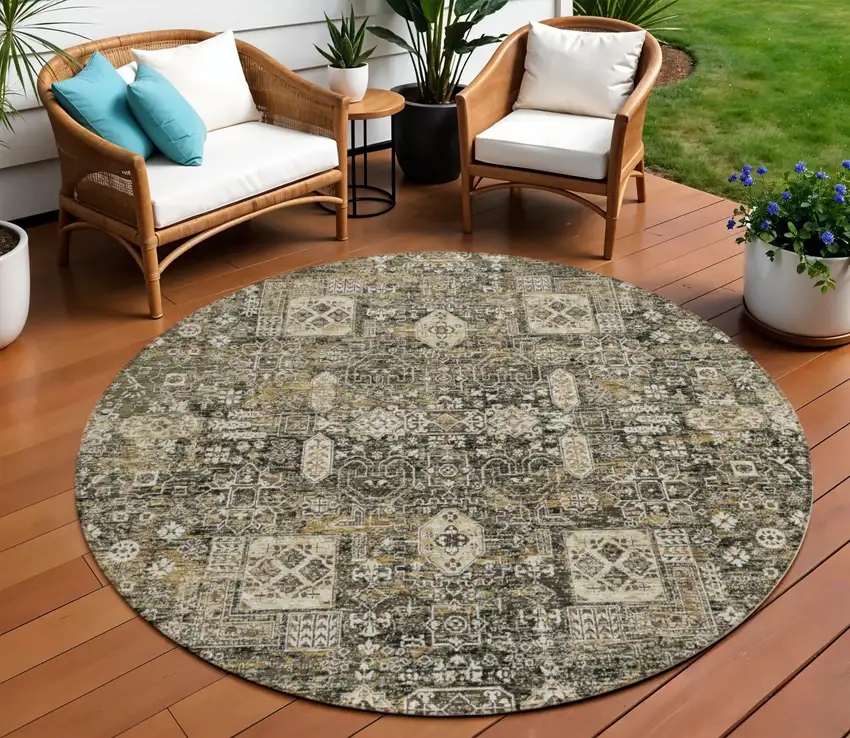 8' Coffee And Beige Round Oriental Washable Indoor Outdoor Area Rug Photo 1