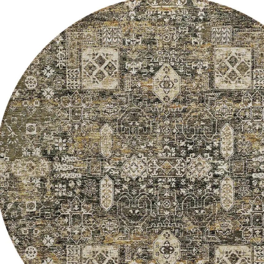 8' Coffee And Beige Round Oriental Washable Indoor Outdoor Area Rug Photo 5