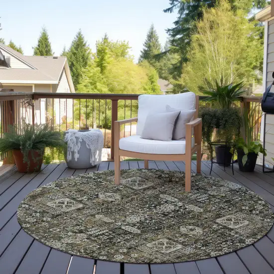 8' Coffee And Beige Round Oriental Washable Indoor Outdoor Area Rug Photo 7