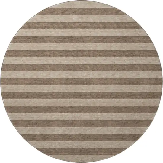 8' Coffee And Beige Striped Washable Round Rug With UV Protection Photo 4