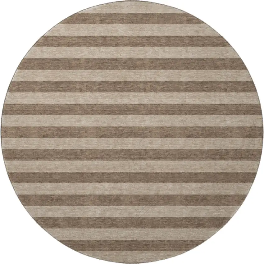 8' Coffee And Beige Striped Washable Round Rug With UV Protection Photo 4