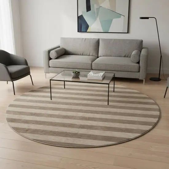 8' Coffee And Beige Striped Washable Round Rug With UV Protection Photo 2