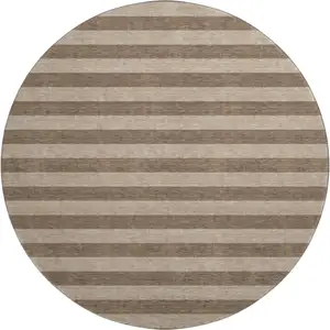 Photo of 8' Coffee And Beige Striped Washable Round Rug With UV Protection