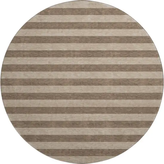 8' Coffee And Beige Striped Washable Round Rug With UV Protection Photo 1