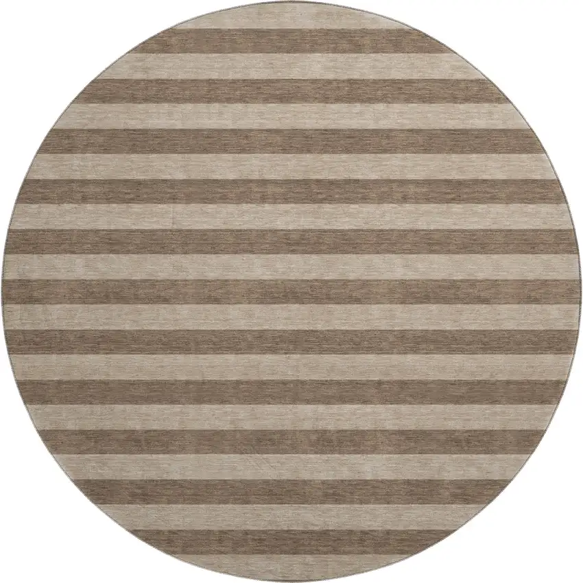 8' Coffee And Beige Striped Washable Round Rug With UV Protection Photo 1