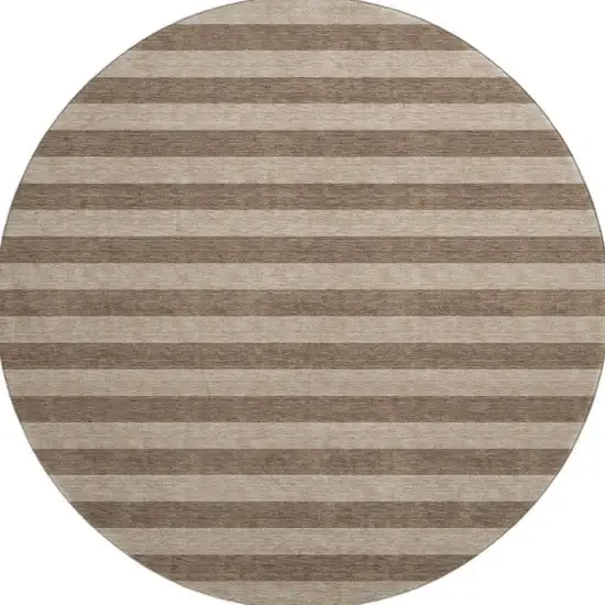 8' Coffee And Beige Striped Washable Round Rug With UV Protection Photo 3