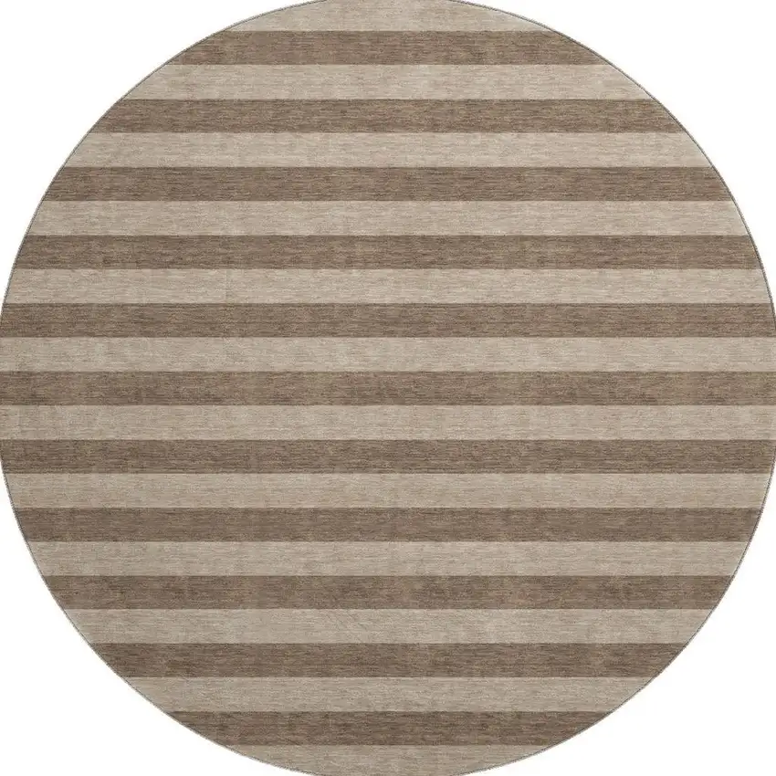 8' Coffee And Beige Striped Washable Round Rug With UV Protection Photo 3