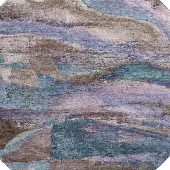 8' Coffee And Blue Abstract Washable Round Rug With UV Protection Photo 3