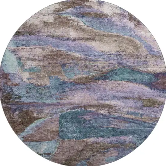 8' Coffee And Blue Abstract Washable Round Rug With UV Protection Photo 4