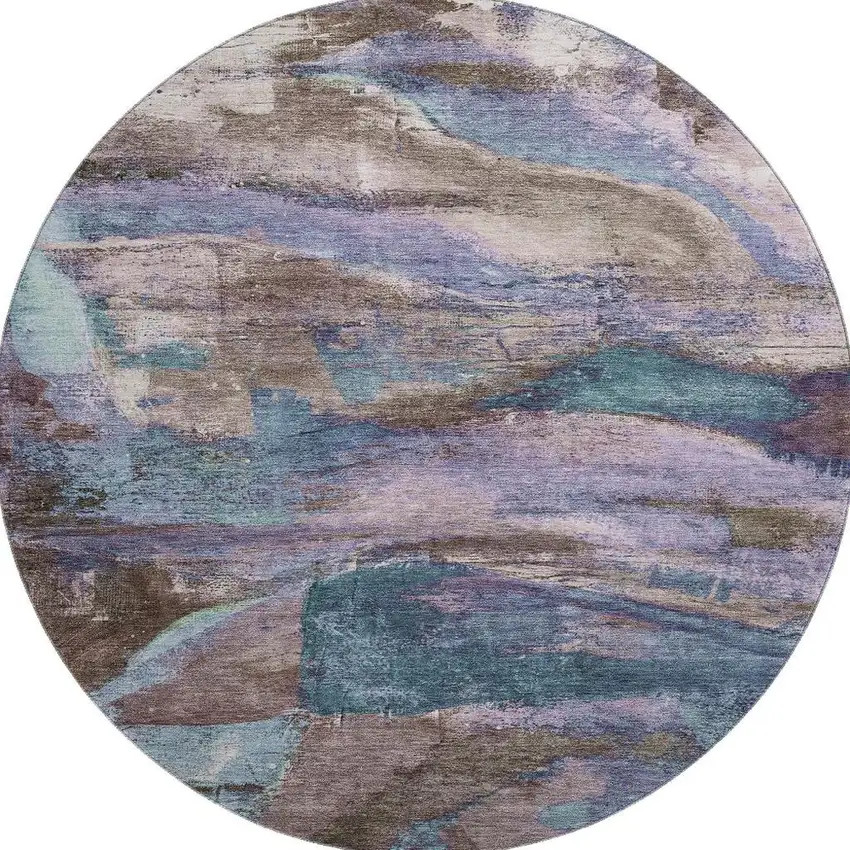 8' Coffee And Blue Abstract Washable Round Rug With UV Protection Photo 4