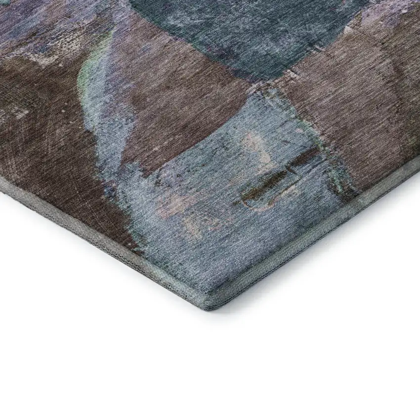 8' Coffee And Blue Abstract Washable Round Rug With UV Protection Photo 6