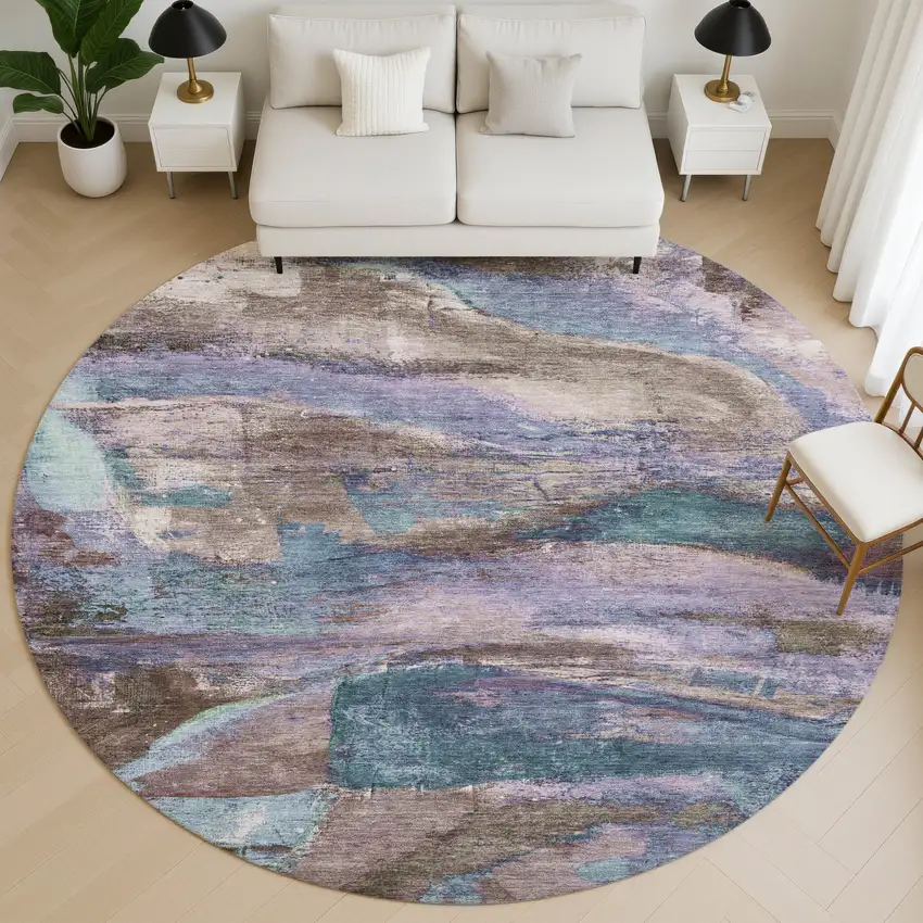 8' Coffee And Blue Abstract Washable Round Rug With UV Protection Photo 5