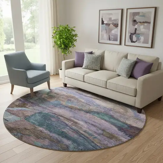 8' Coffee And Blue Abstract Washable Round Rug With UV Protection Photo 2