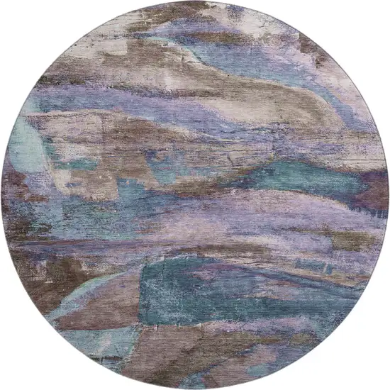8' Coffee And Blue Abstract Washable Round Rug With UV Protection Photo 1