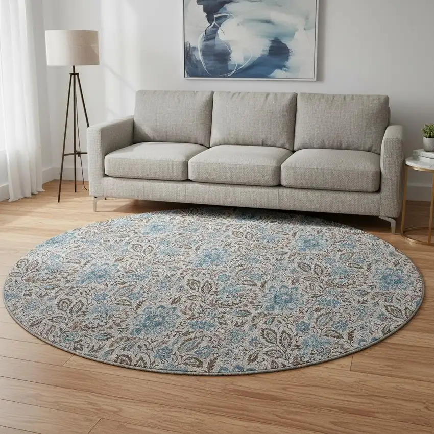 8' Coffee And Blue Floral Washable Round Rug With UV Protection Photo 2