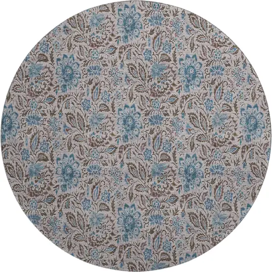 8' Coffee And Blue Floral Washable Round Rug With UV Protection Photo 1